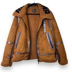 Rockstar Original Brown Suede Sherpa Lined Moto Heavy Zip Front Coat Size XL